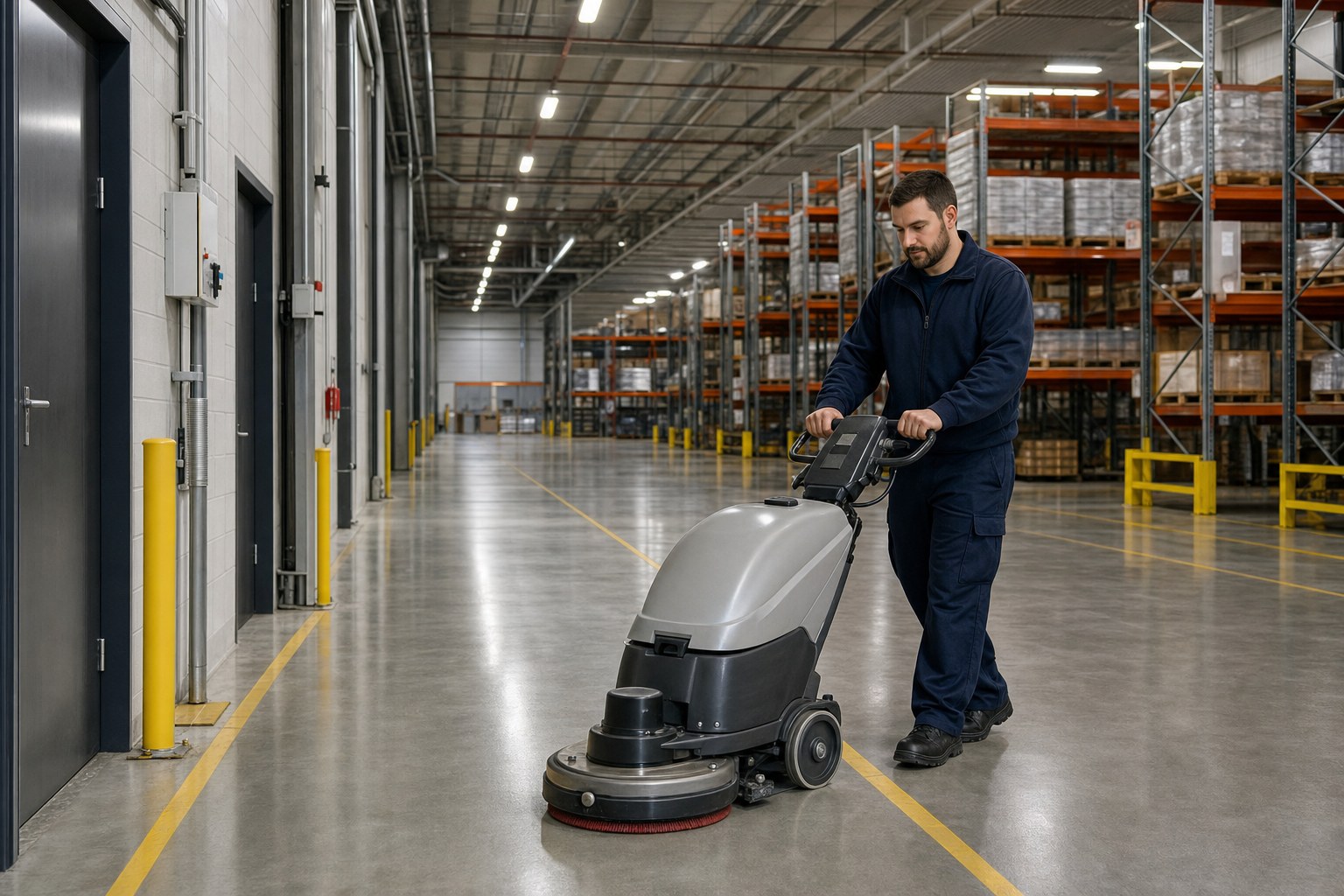 Commercial cleaner operating floor equipment in an industrial facility