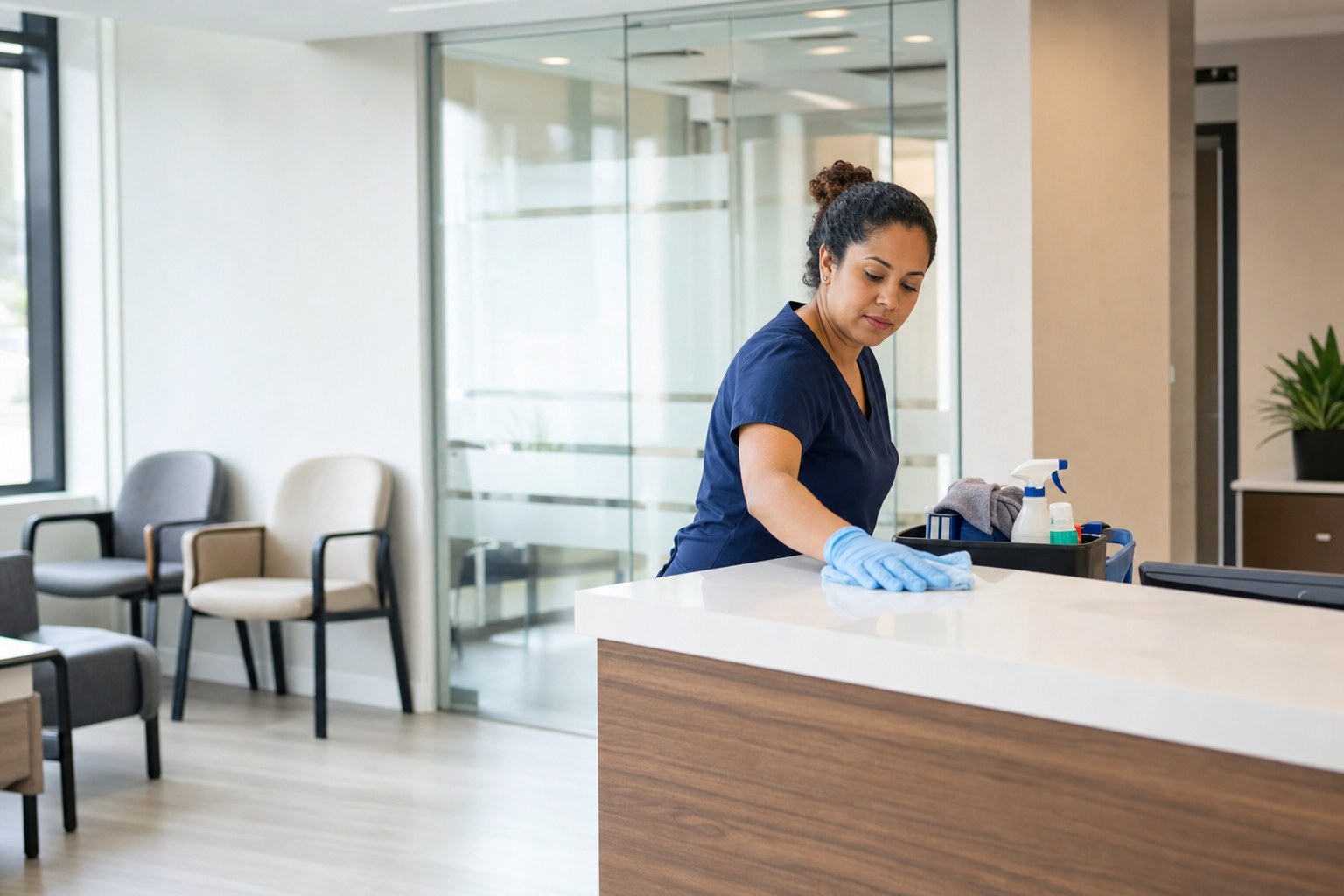 Commercial cleaner wiping a medical office reception counter