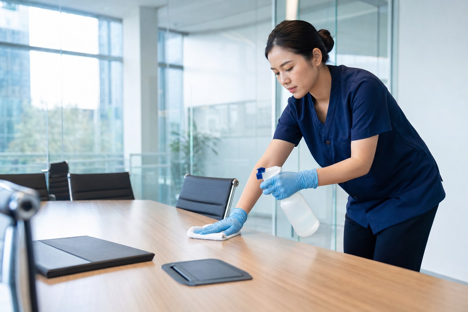 Cleaner wiping a conference table in a modern office