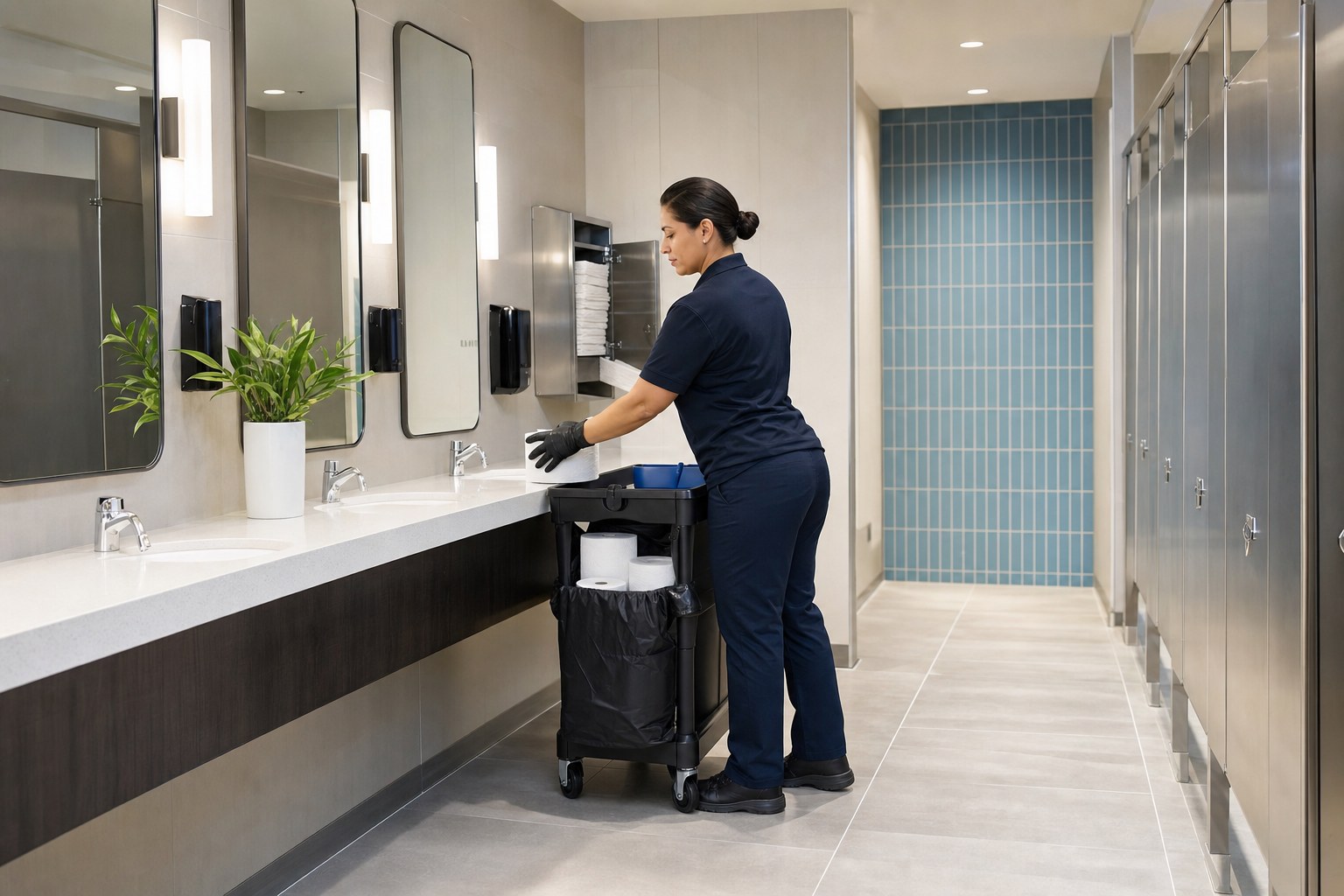 Cleaner restocking supplies in a bright commercial restroom
