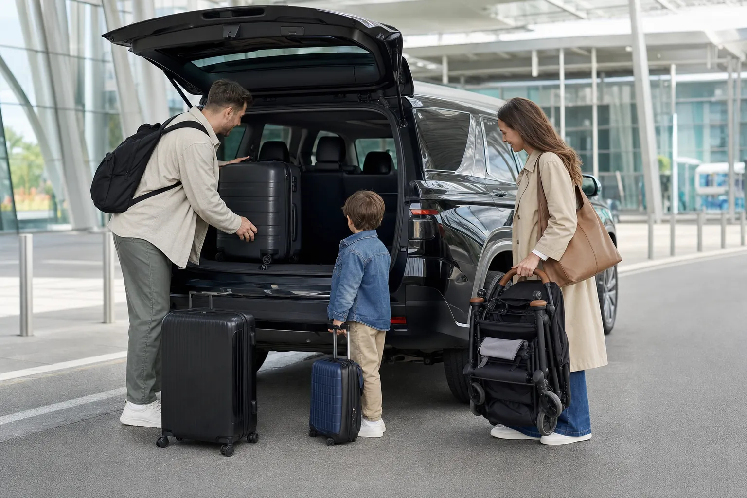 Family loading luggage and a stroller into a spacious black SUV at an airport curb