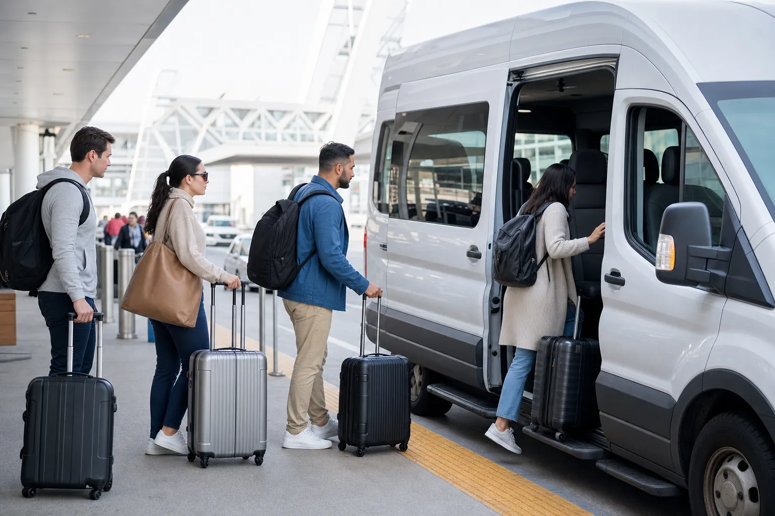 Travelers boarding an airport shuttle with rolling luggage