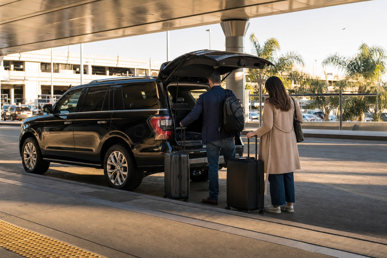 Travelers loading luggage into a black SUV at an airport arrivals curb