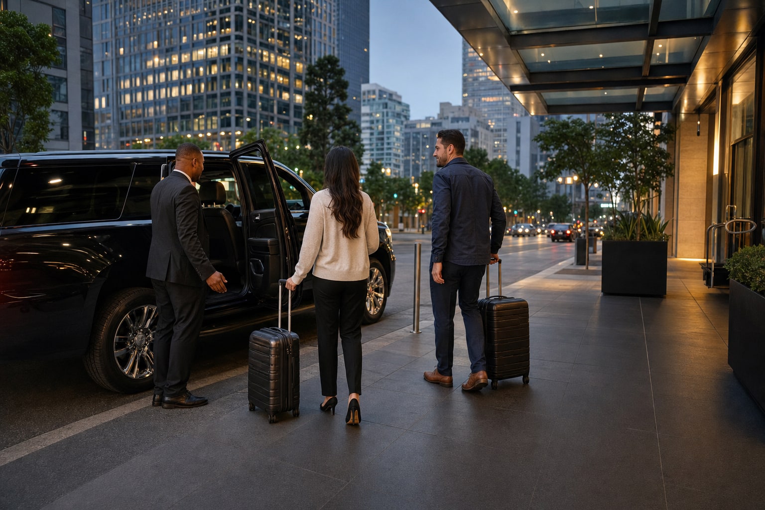 Chauffeur opening a black SUV for travelers with luggage at a downtown hotel entrance