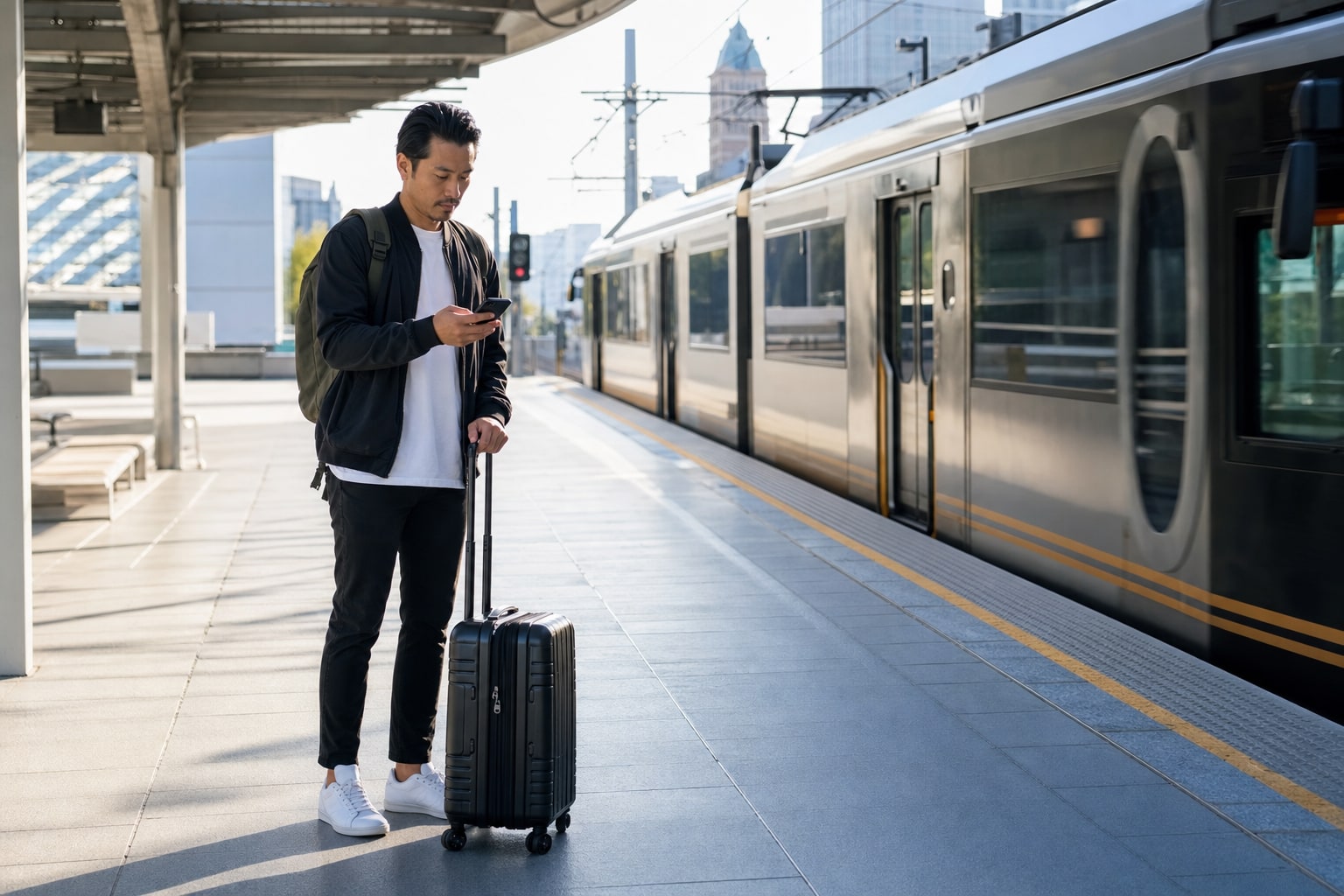 Traveler with a rolling suitcase checking a phone beside an urban rail platform
