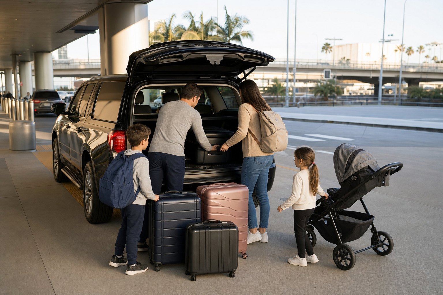 Family loading suitcases and a stroller into a spacious SUV at an airport curb