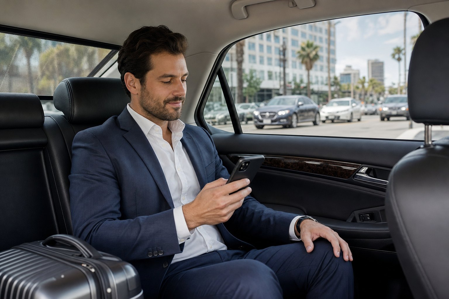 Business traveler reviewing a hotel reservation from the rear seat of a sedan