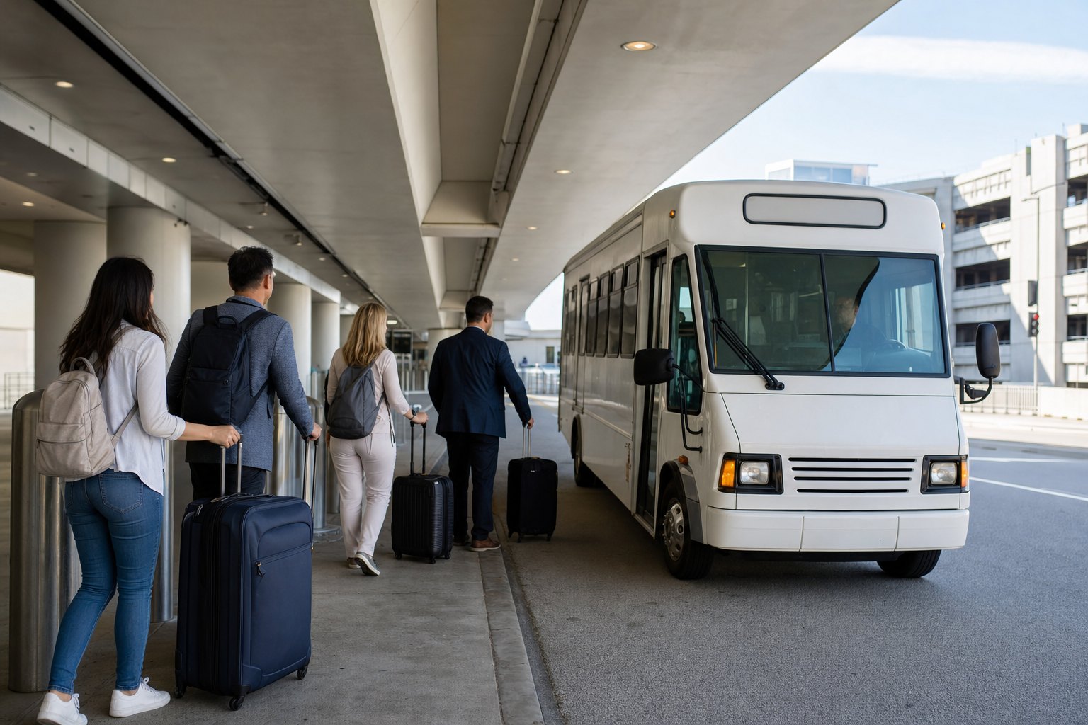 Travelers with rolling suitcases waiting beside a shuttle bus at an airport pickup area