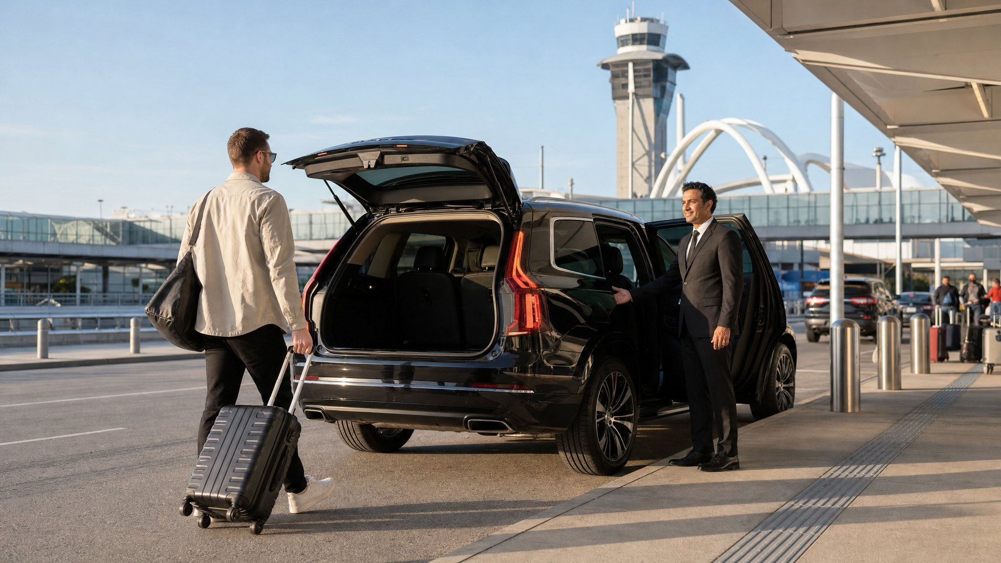 Traveler with a suitcase meeting a chauffeur beside a black SUV at an airport terminal
