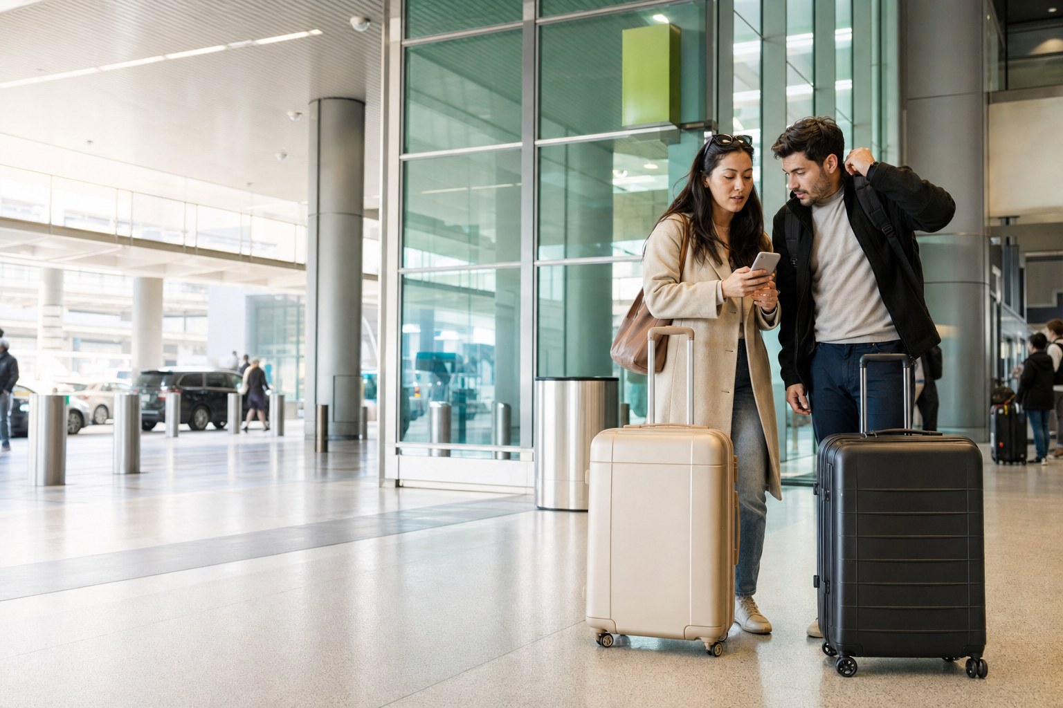 Travelers checking a phone with luggage at an airport arrivals concourse