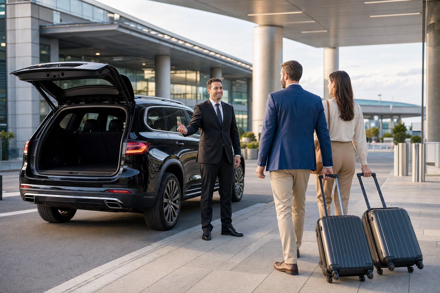 Chauffeur welcoming travelers beside an unbranded black SUV at an airport arrivals curb