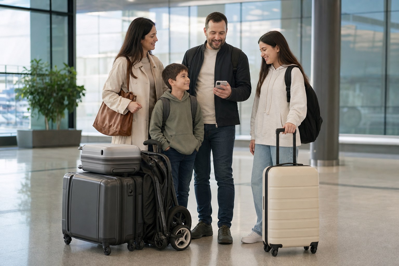 Family group standing with luggage and a folded stroller in an airport arrivals hall