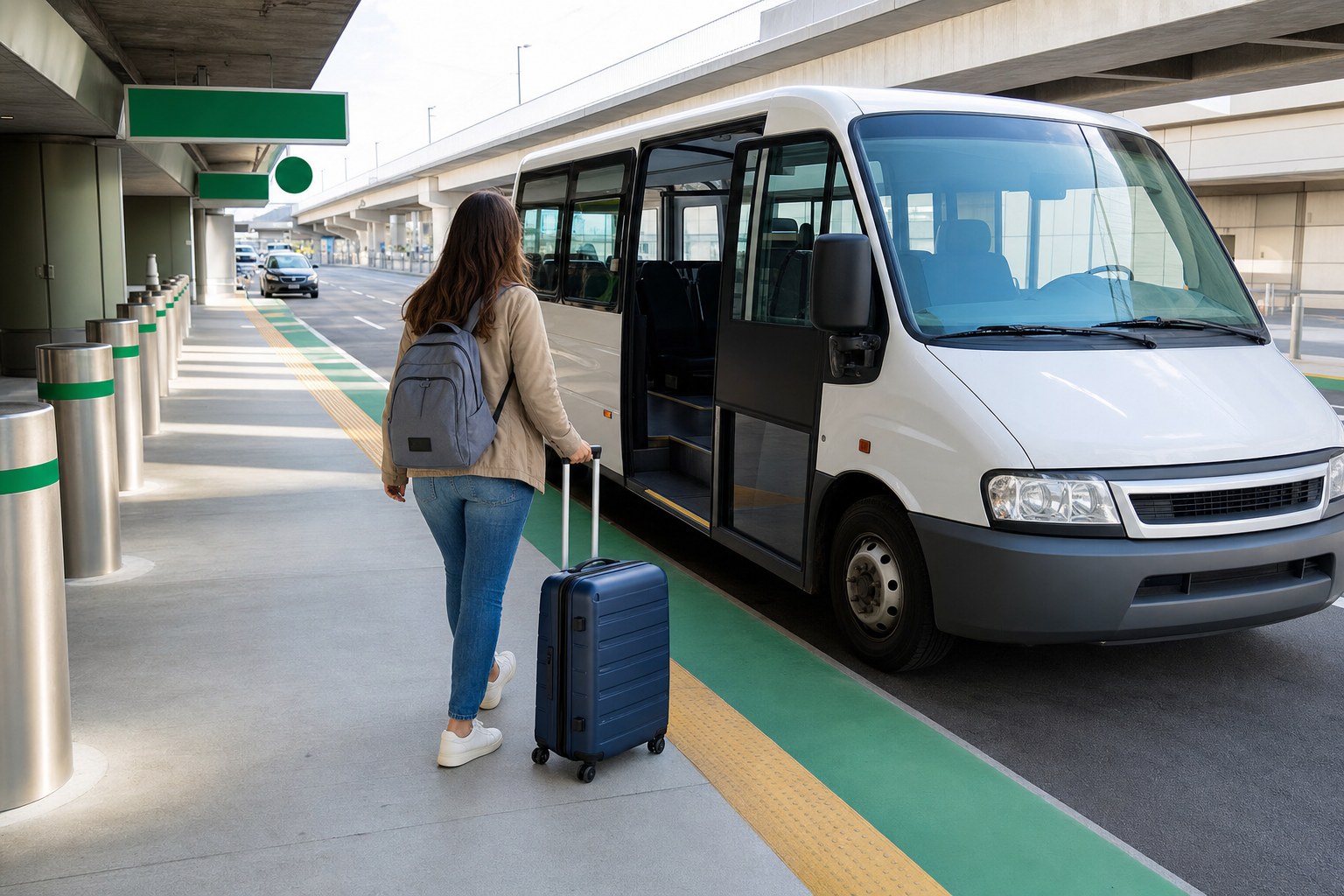 Traveler with a suitcase approaching an airport shuttle at an arrivals curb