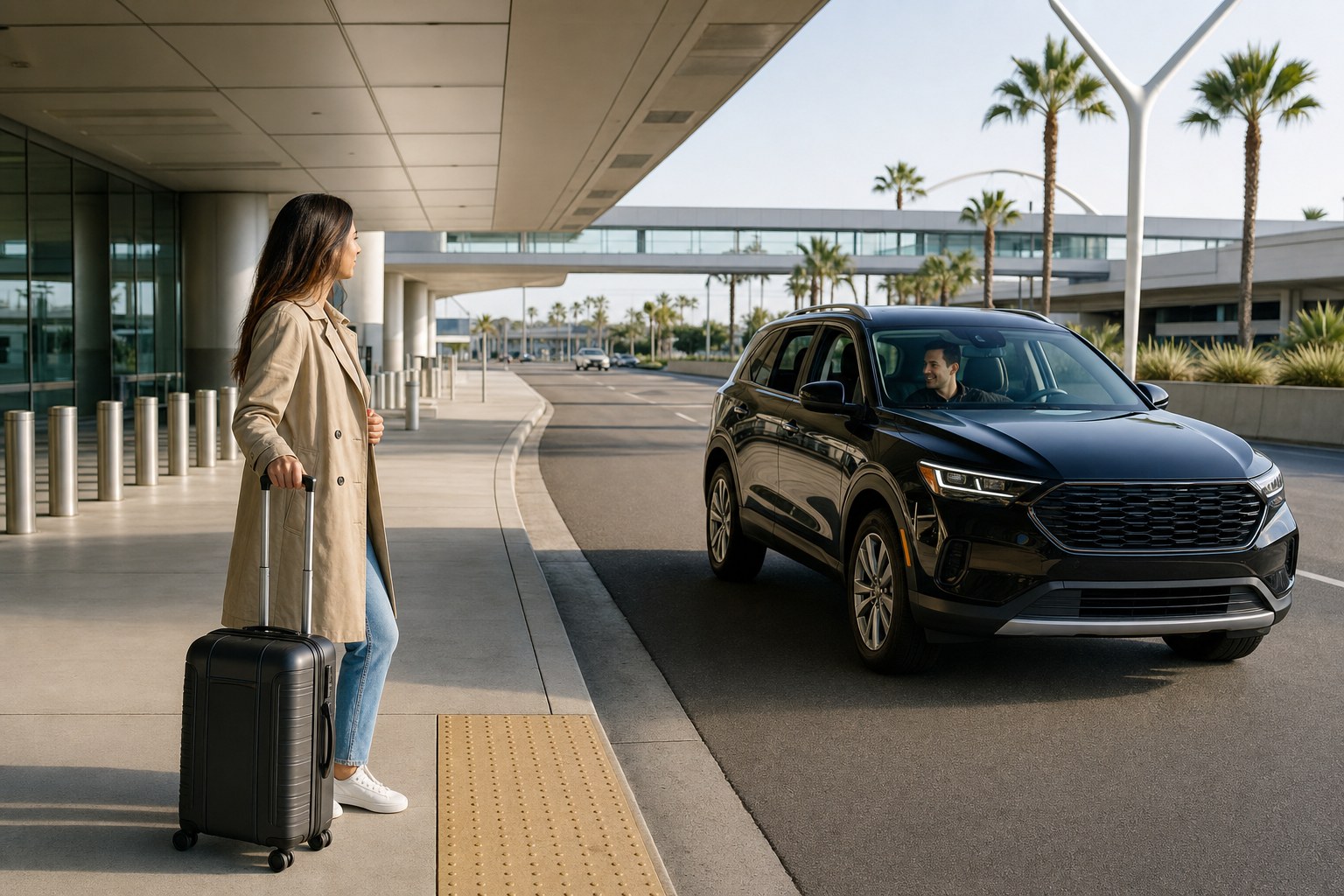 Traveler waiting beside a suitcase as a family member arrives in an SUV at an airport curb