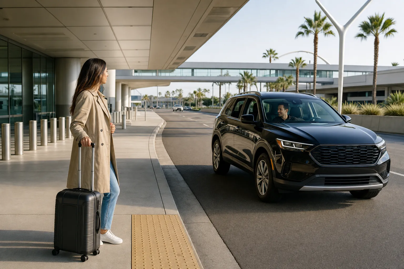 Traveler waiting beside a suitcase as a family member arrives in an SUV at an airport curb