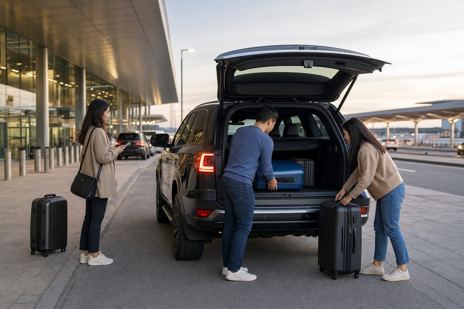 Travelers loading suitcases into the back of an SUV at an airport curb