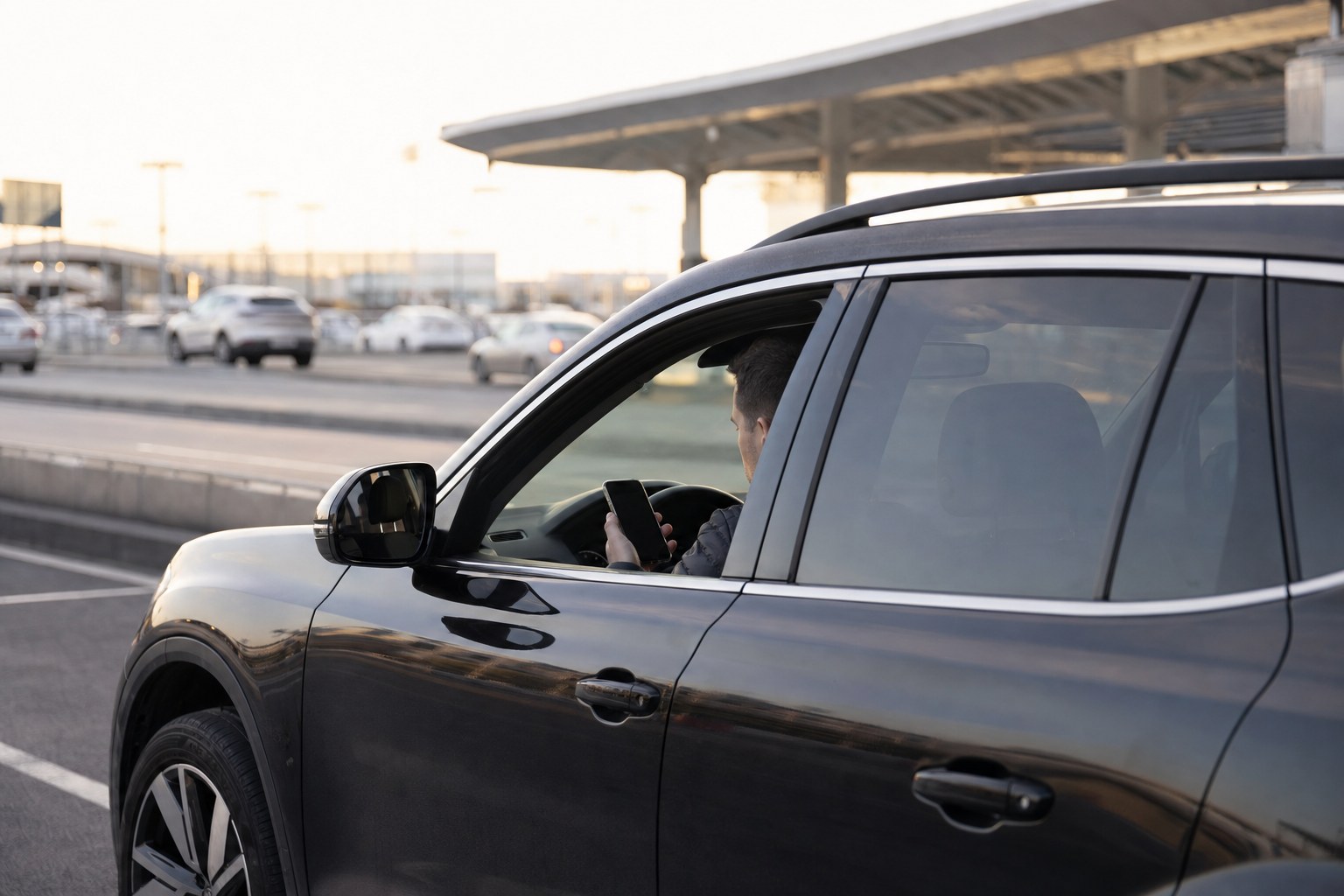 Driver waiting in an SUV and checking a phone before an airport pickup