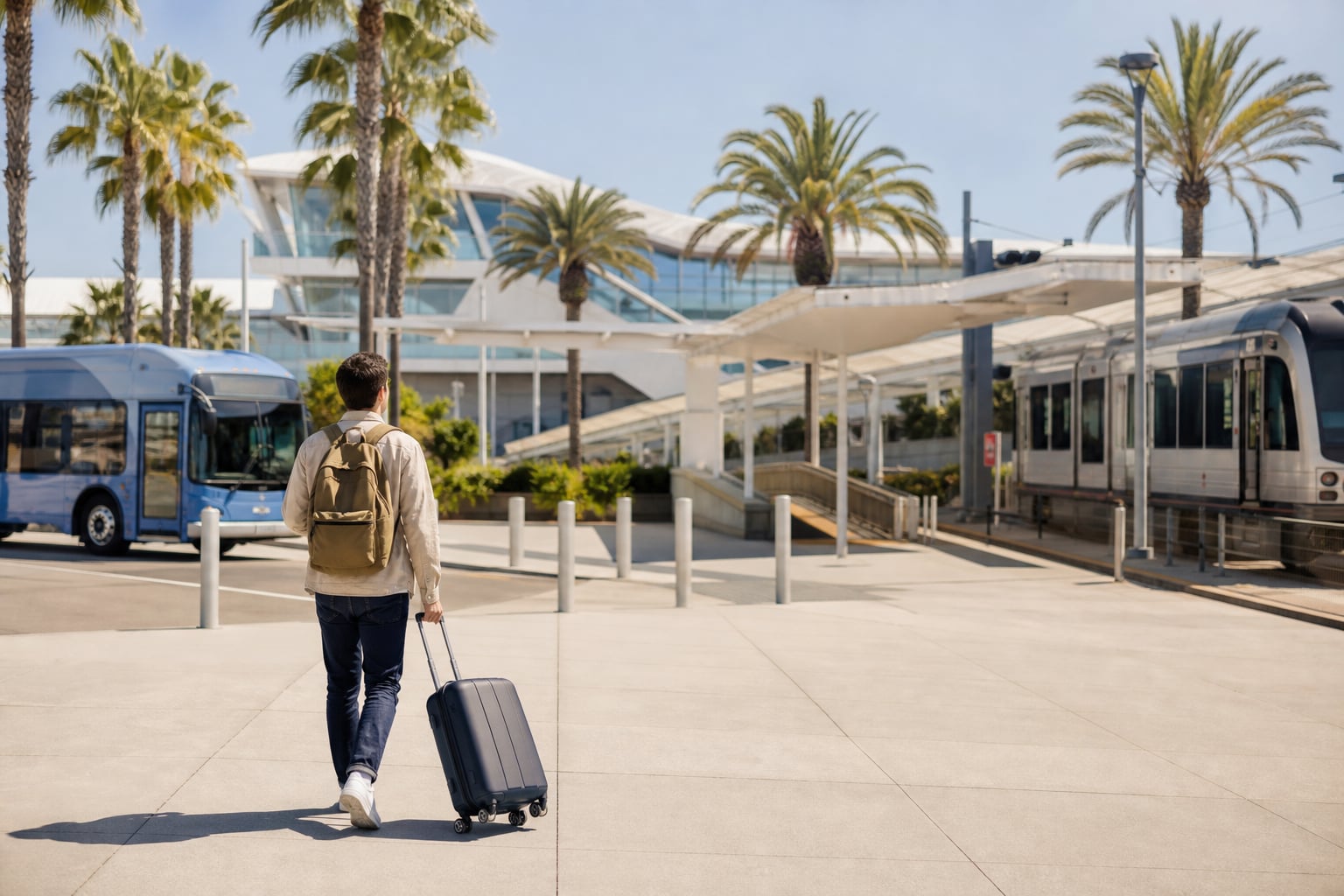 Traveler with a suitcase approaching a Southern California airport transit connection