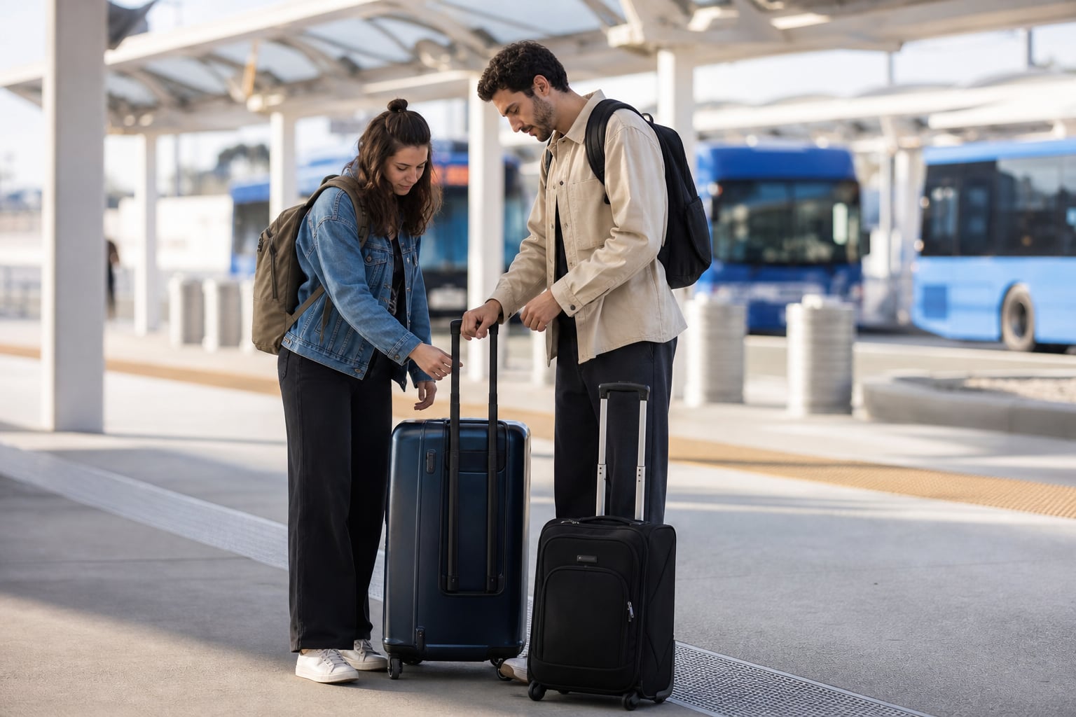 Two travelers checking their luggage before using an airport public transit connection
