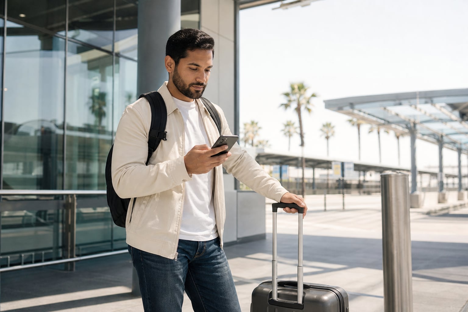Traveler checking a phone and travel plan beside a suitcase at an airport transit area