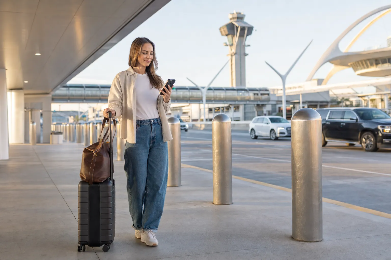 Traveler checking a phone beside a suitcase at an airport arrivals curb