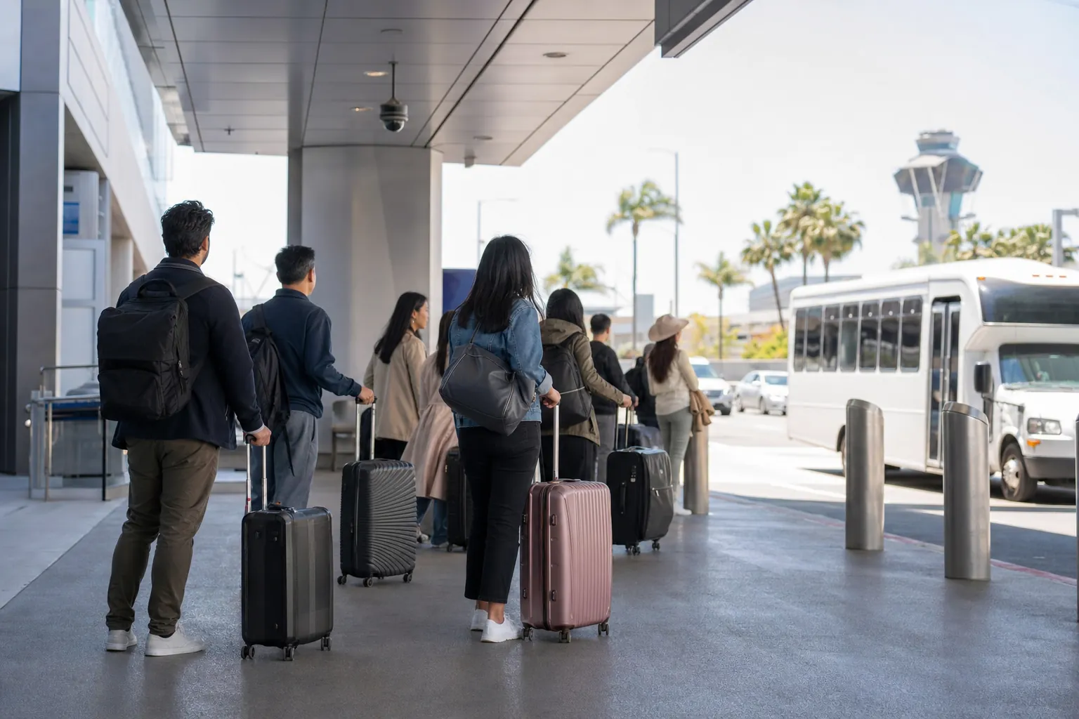Travelers with luggage waiting near an airport shuttle pickup area