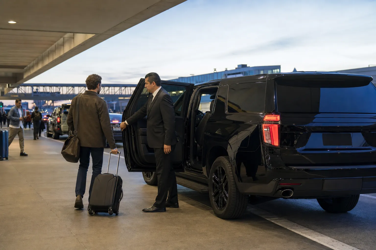 Chauffeur opening the rear door of a black SUV for a traveler at an airport arrivals curb