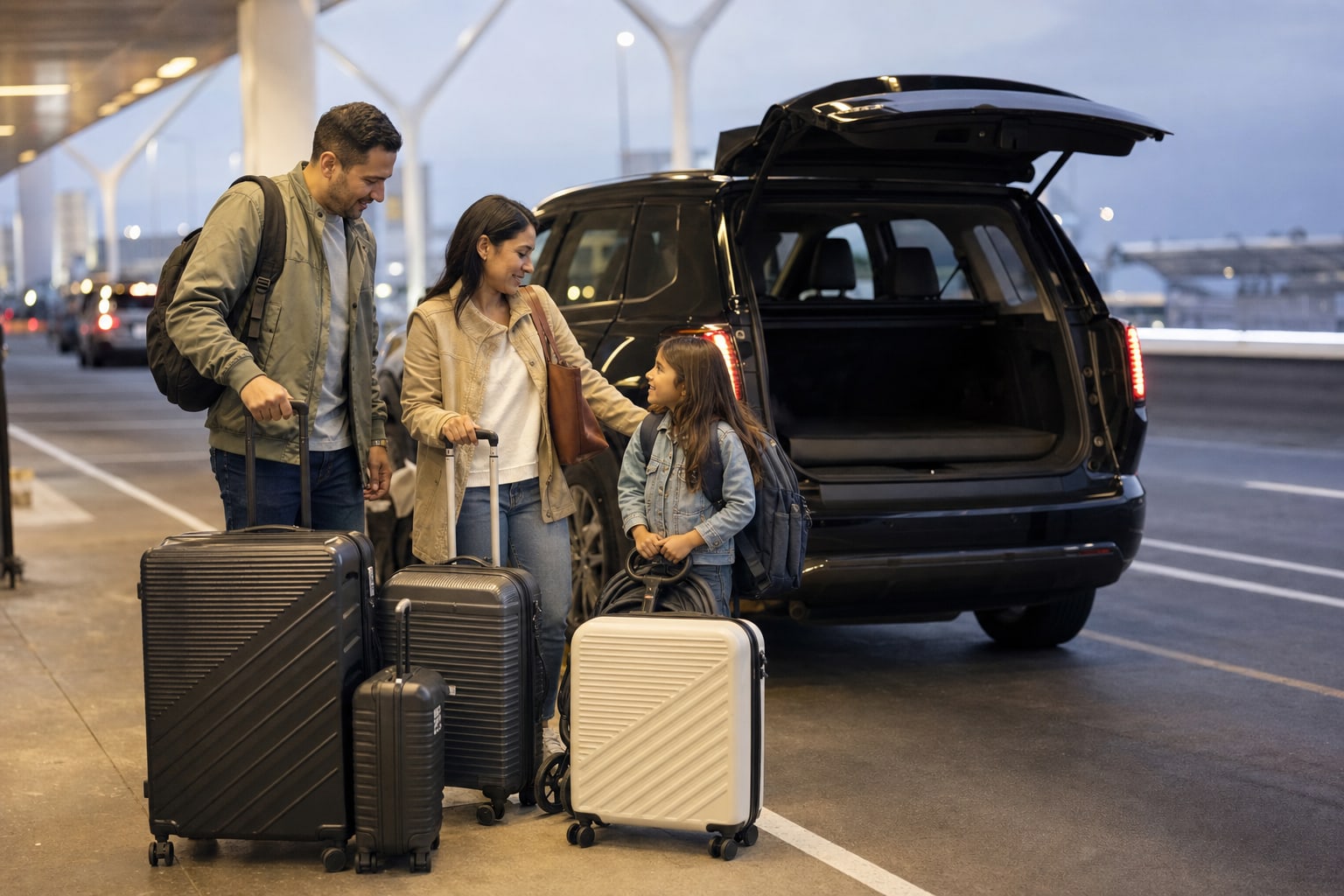 Family with luggage and a stroller beside a spacious SUV at an airport curb