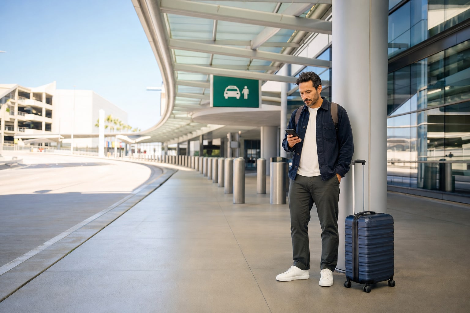Traveler checking a phone beside a suitcase outside an airport terminal