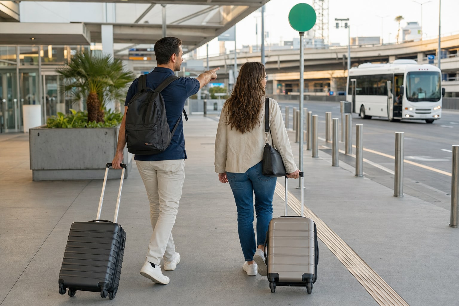 Two travelers with rolling luggage walking toward an airport shuttle