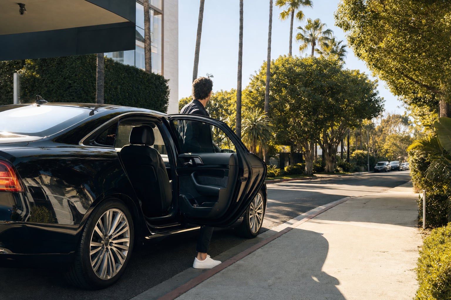 Black luxury sedan arriving on a quiet palm-lined West Hollywood street