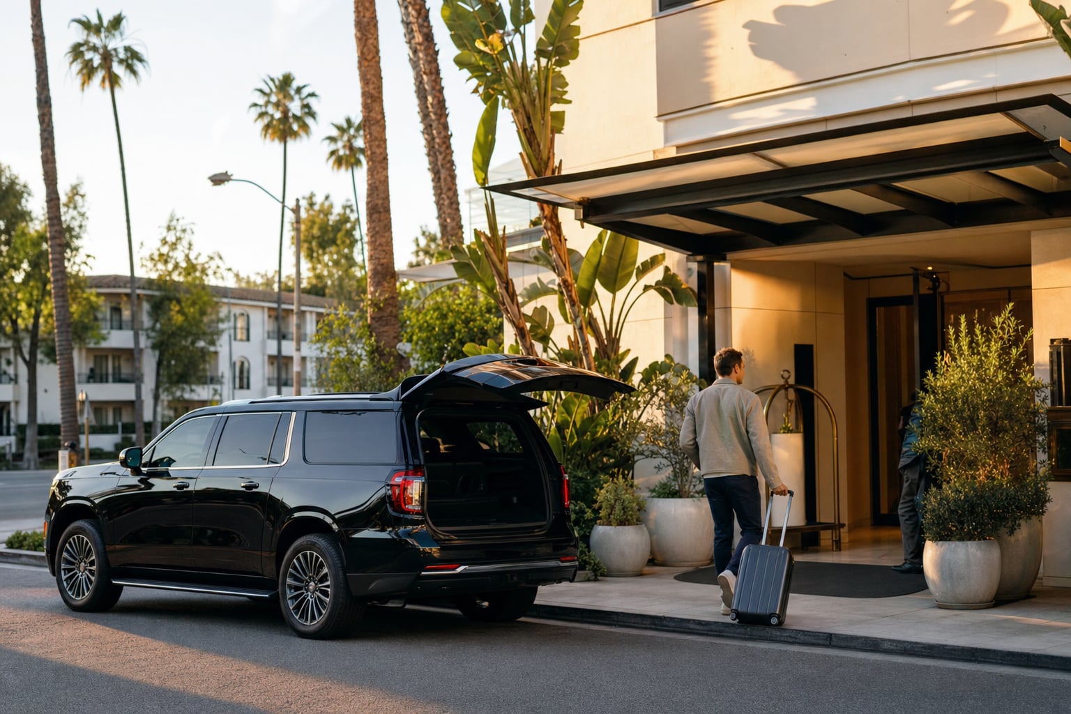 Black SUV arriving at a West Hollywood hotel with a traveler and suitcase
