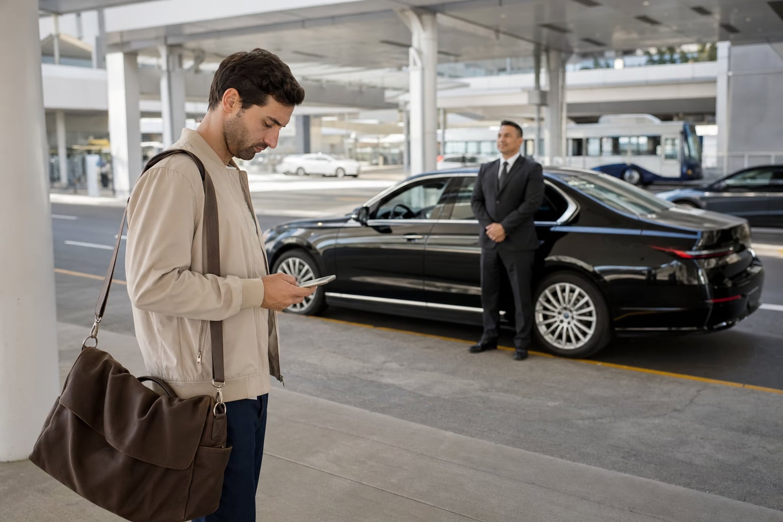 Traveler checking a phone as a chauffeur waits beside a black sedan at an airport curb