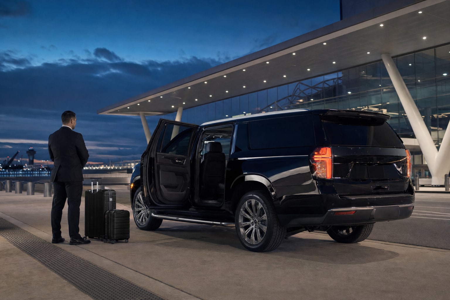 Black Chevrolet Suburban and chauffeur waiting at an airport terminal