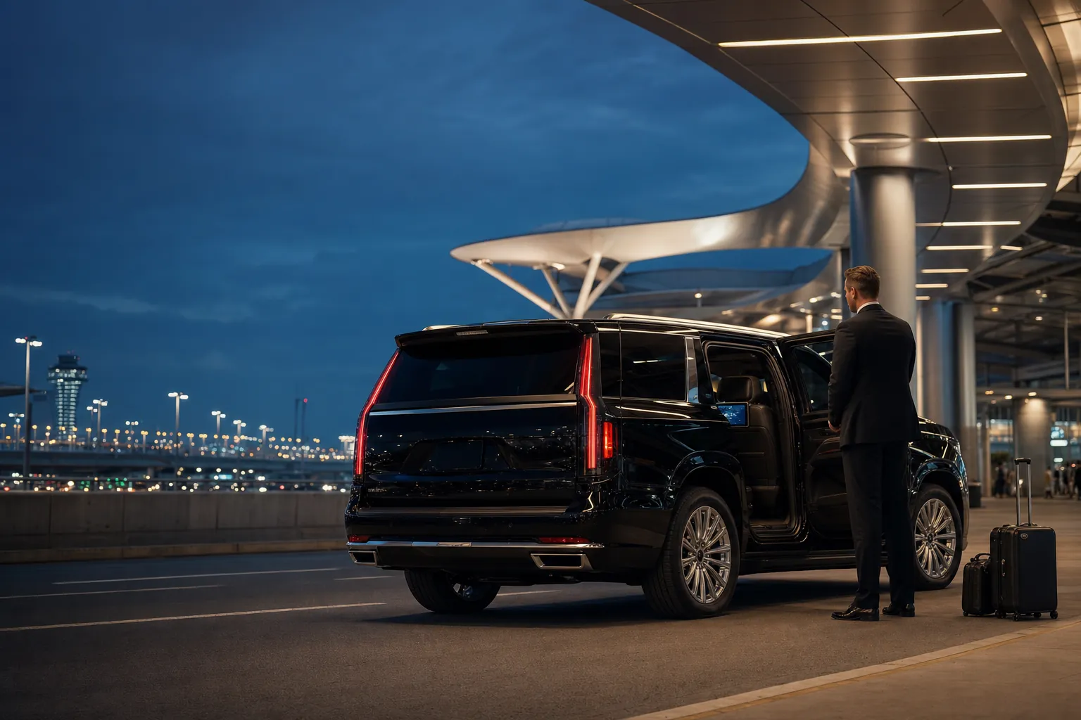 Black luxury SUV and chauffeur waiting at an airport terminal