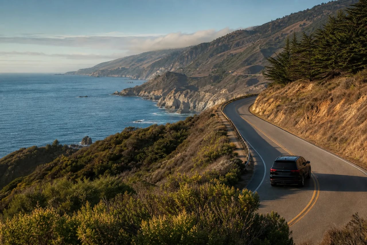Black SUV traveling along the California coast