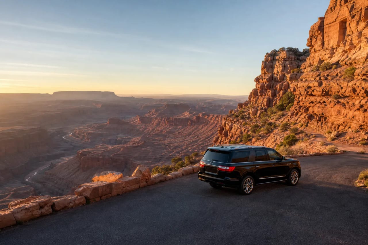 Black SUV at a Southwest desert overlook
