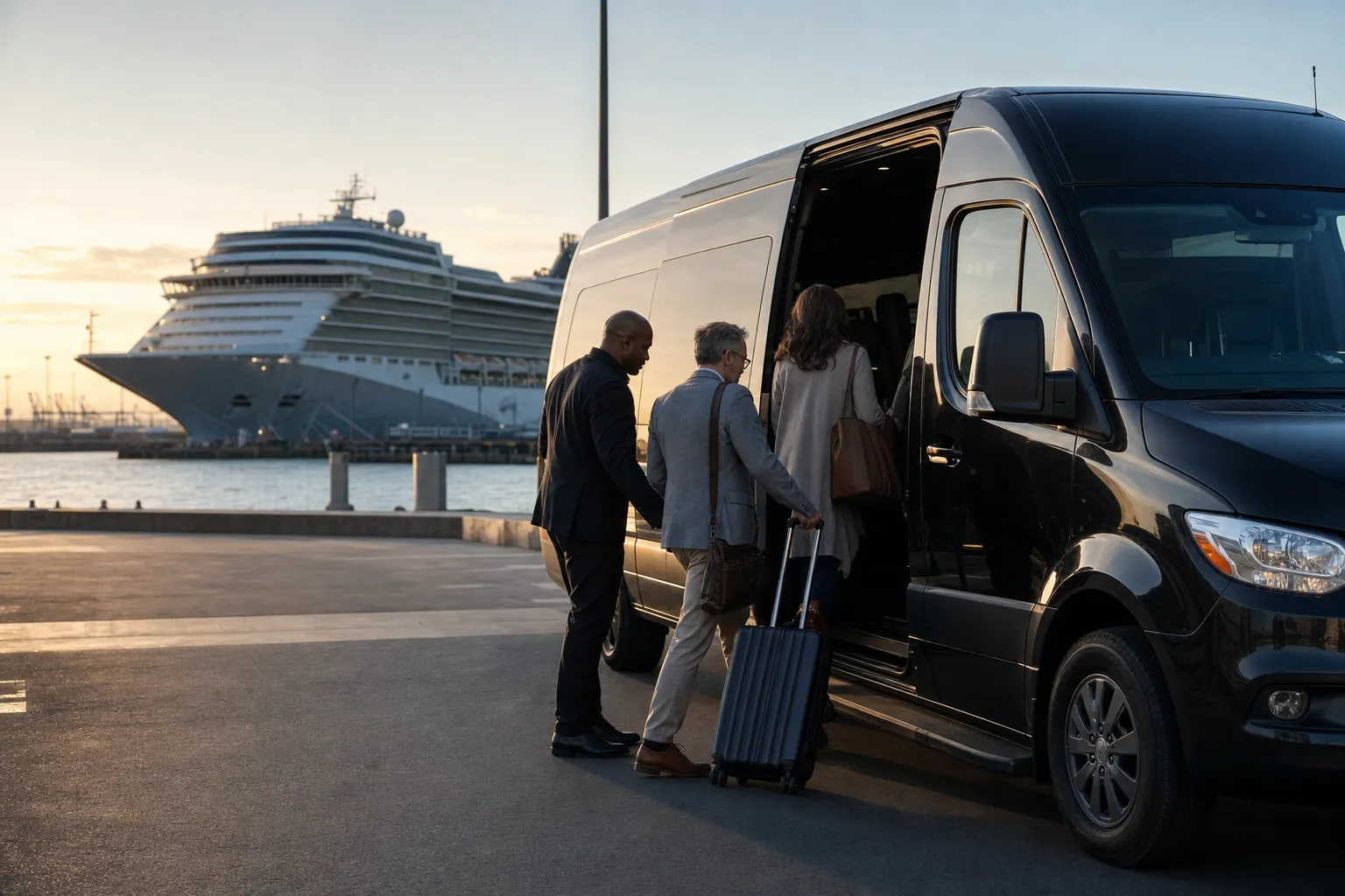 Executive van collecting travelers outside a cruise terminal