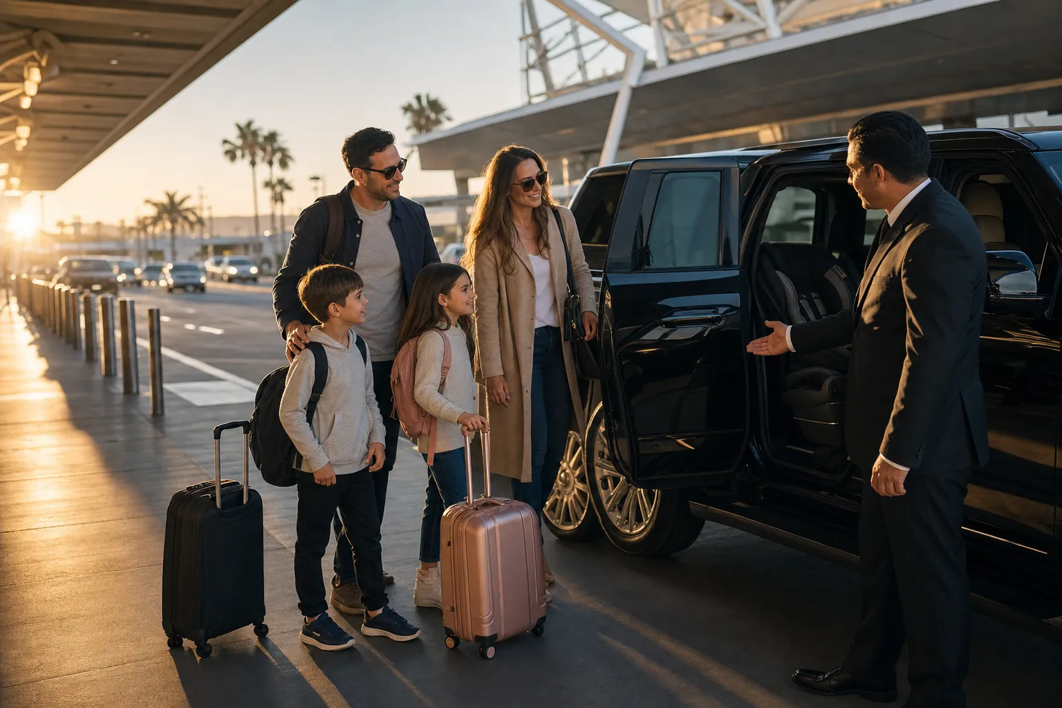 Family being welcomed beside a black SUV at an airport curbside