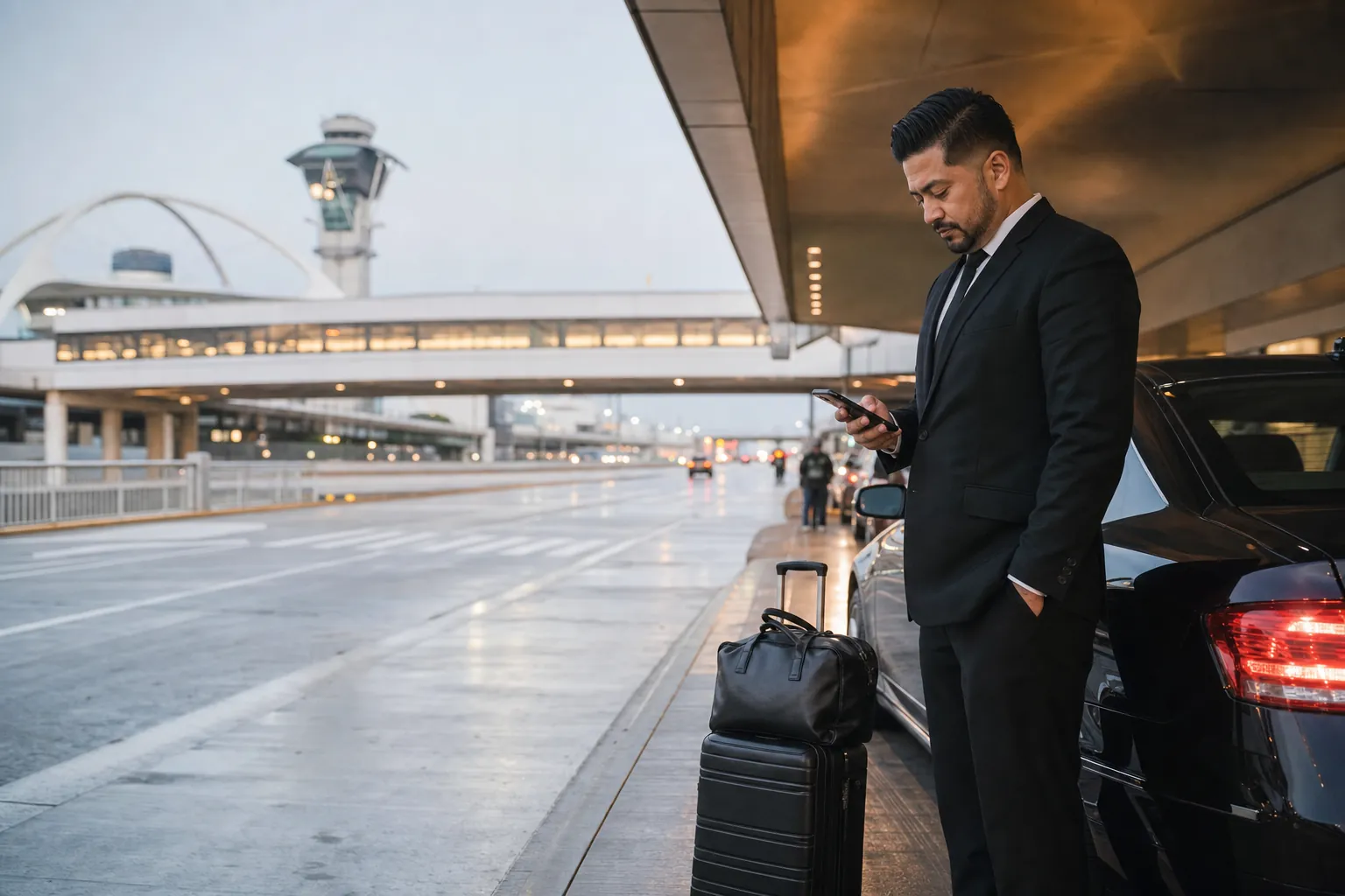 Chauffeur monitoring an airport arrival beside a black sedan