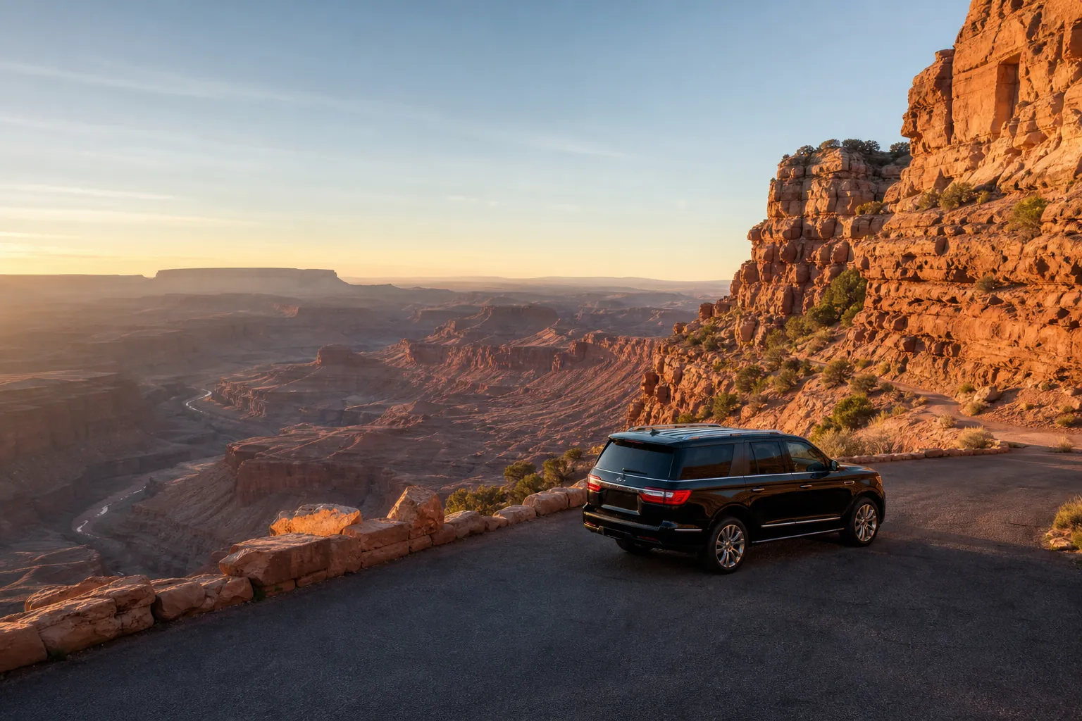Black SUV at a Southwest desert overlook