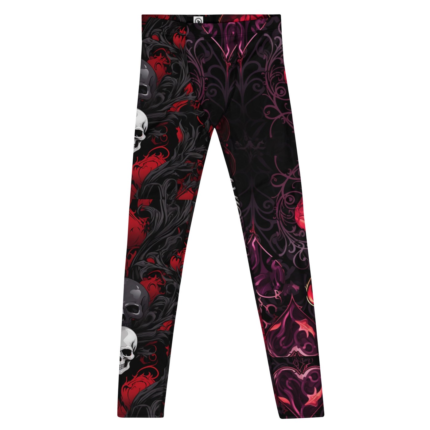 Crimson Requiem Men’s Leggings – Gothic Skull & Hearts Workout Pants, Rave, Gym Tights, Black, Red, Wrestling Tights, Gifts for Him