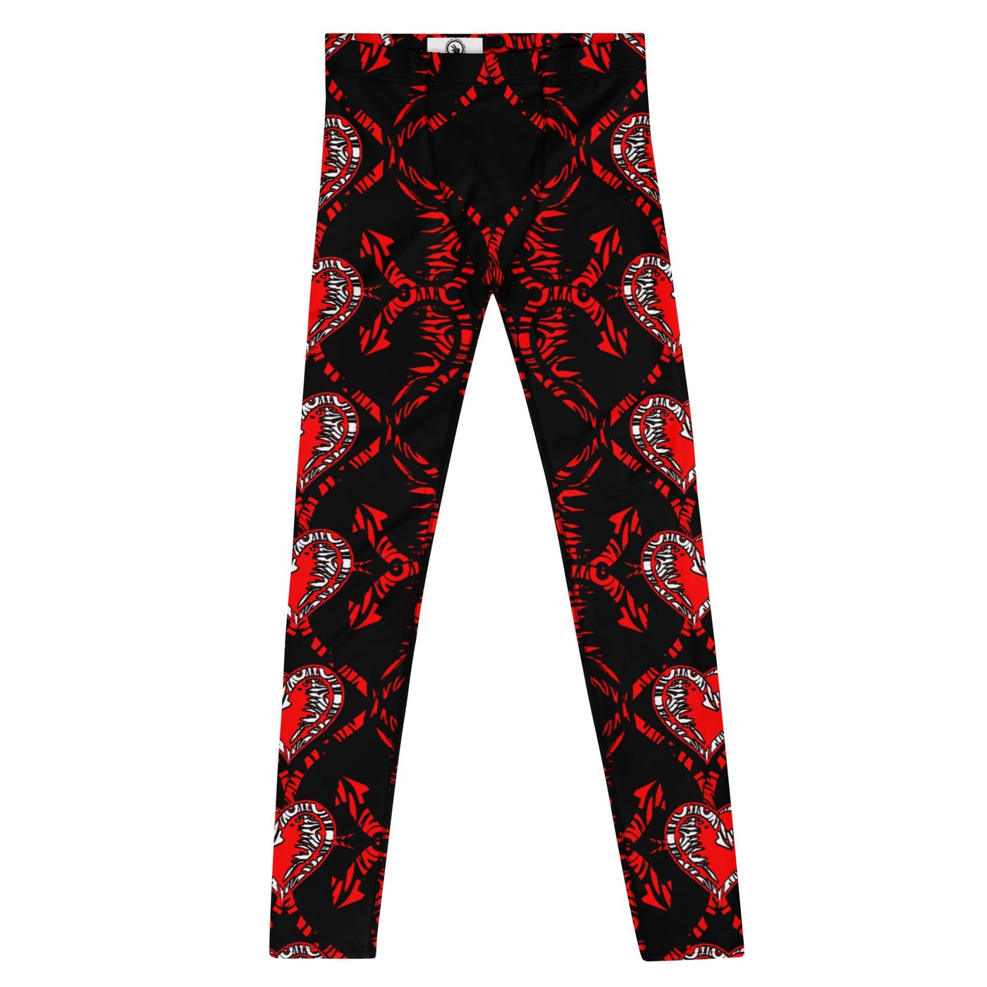 Heartbreaker Hex Men’s Leggings – Love Devil Pants for Rebels & Romantics, Red Hearts and Arrows on Black