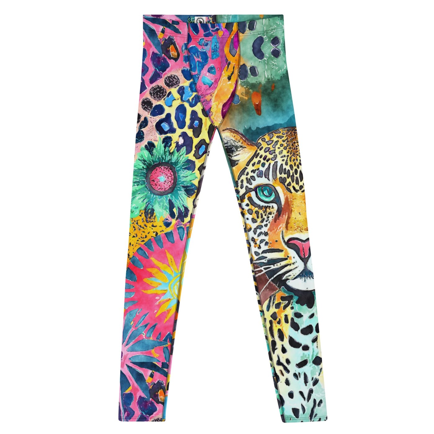 Jungle Jam Men’s Leggings – Leopard & Neon Flora Festival Pants, Ecstatic Dance, Athletic Wear, Spandex, Trippy Leggings, Gift for Him