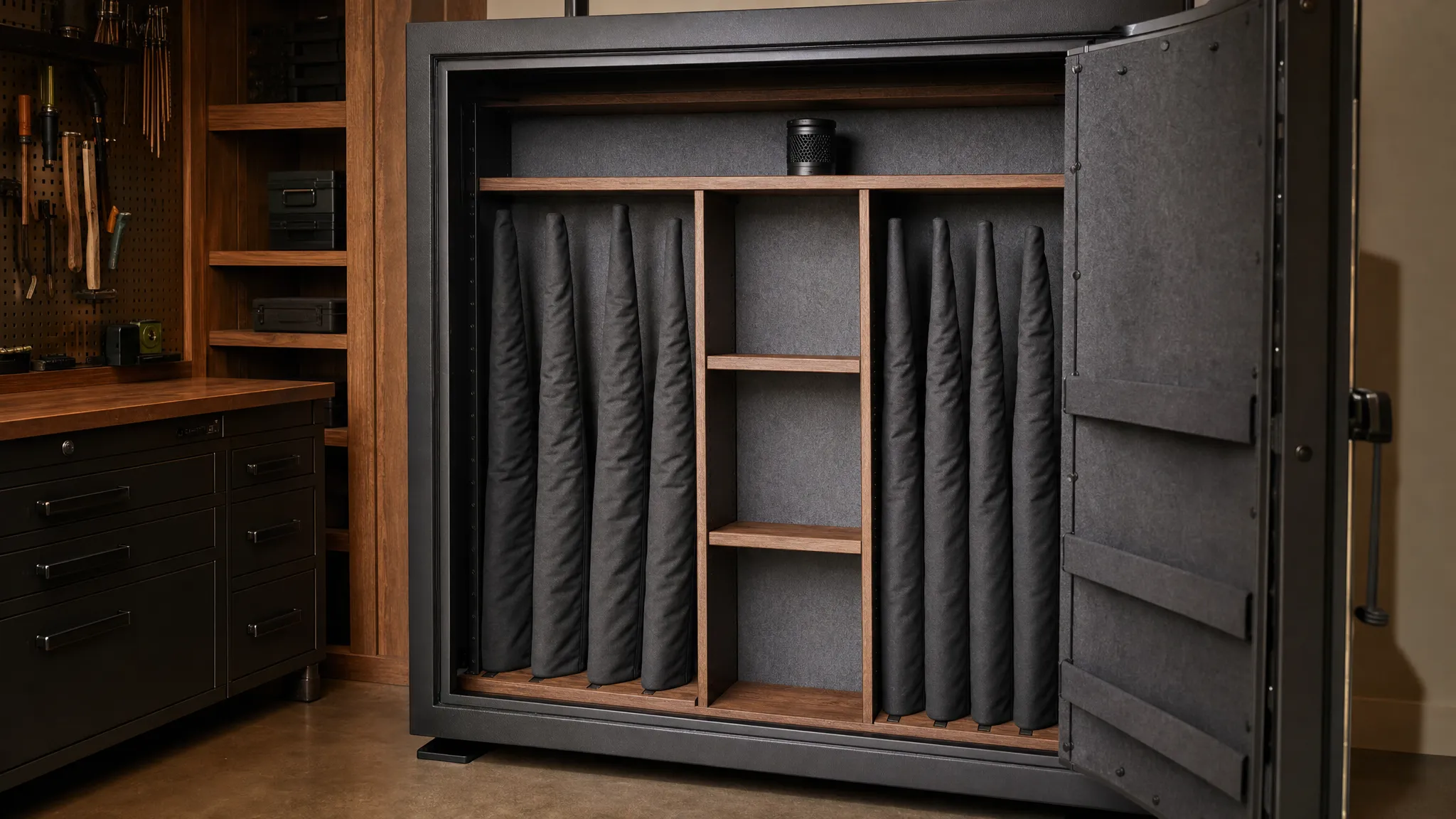 An organized gun safe with long guns in protective sleeves