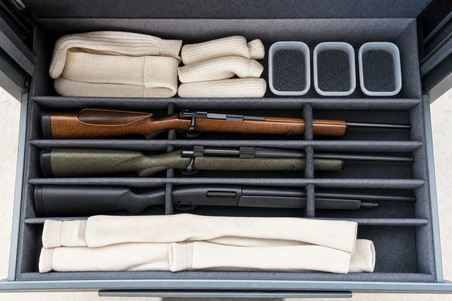 A gun safe shelf arranged with separate storage zones for firearms, sleeves and moisture-control supplies