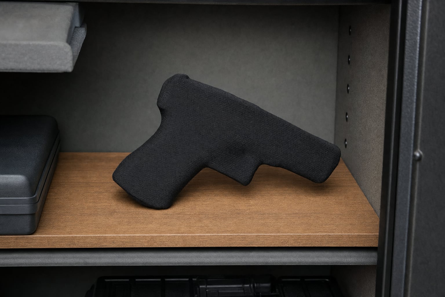 A handgun fully protected by a dark cotton sleeve on a shelf inside a home firearm safe