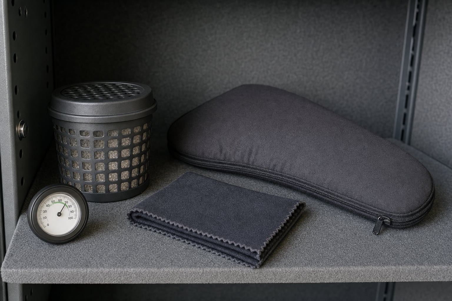 A visible humidity indicator and moisture-control container beside a dry protective sleeve on a firearm safe shelf