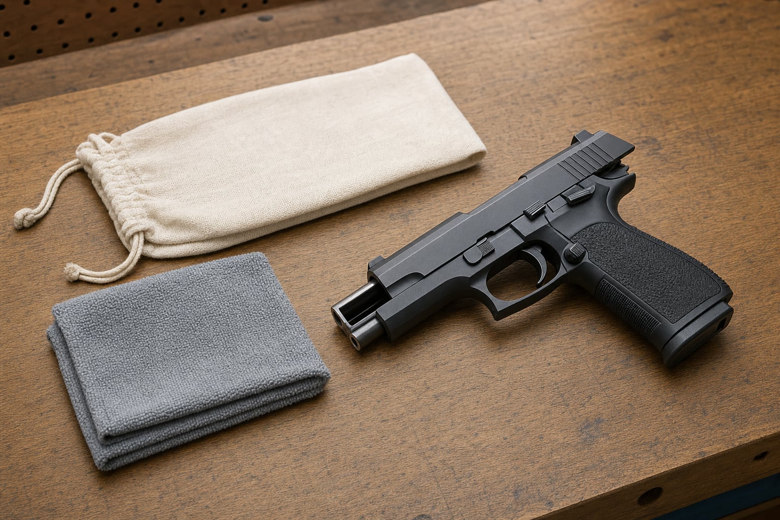A clean unloaded handgun on a workbench beside a dry cotton sleeve and microfiber cloth