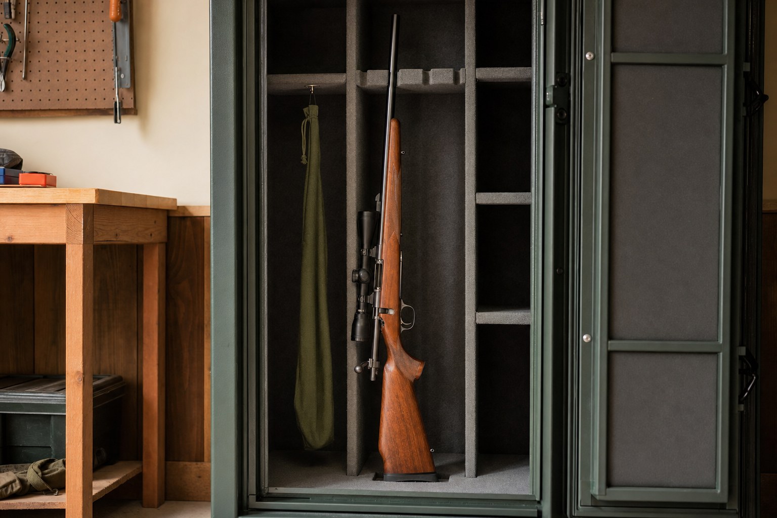 A rifle stored upright with clearance inside a home firearm safe